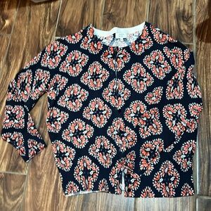 Navy cardigan with baby blue and dark orange peacocks. 3/4 sleeves